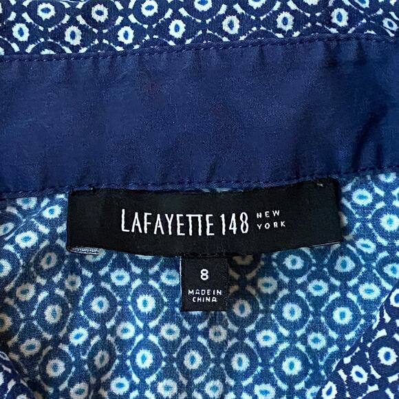 Lafayette 148 Size 8 Blue/White Mini Print Button Front Blouse Ruched Sides FS - Picture 9 of 10